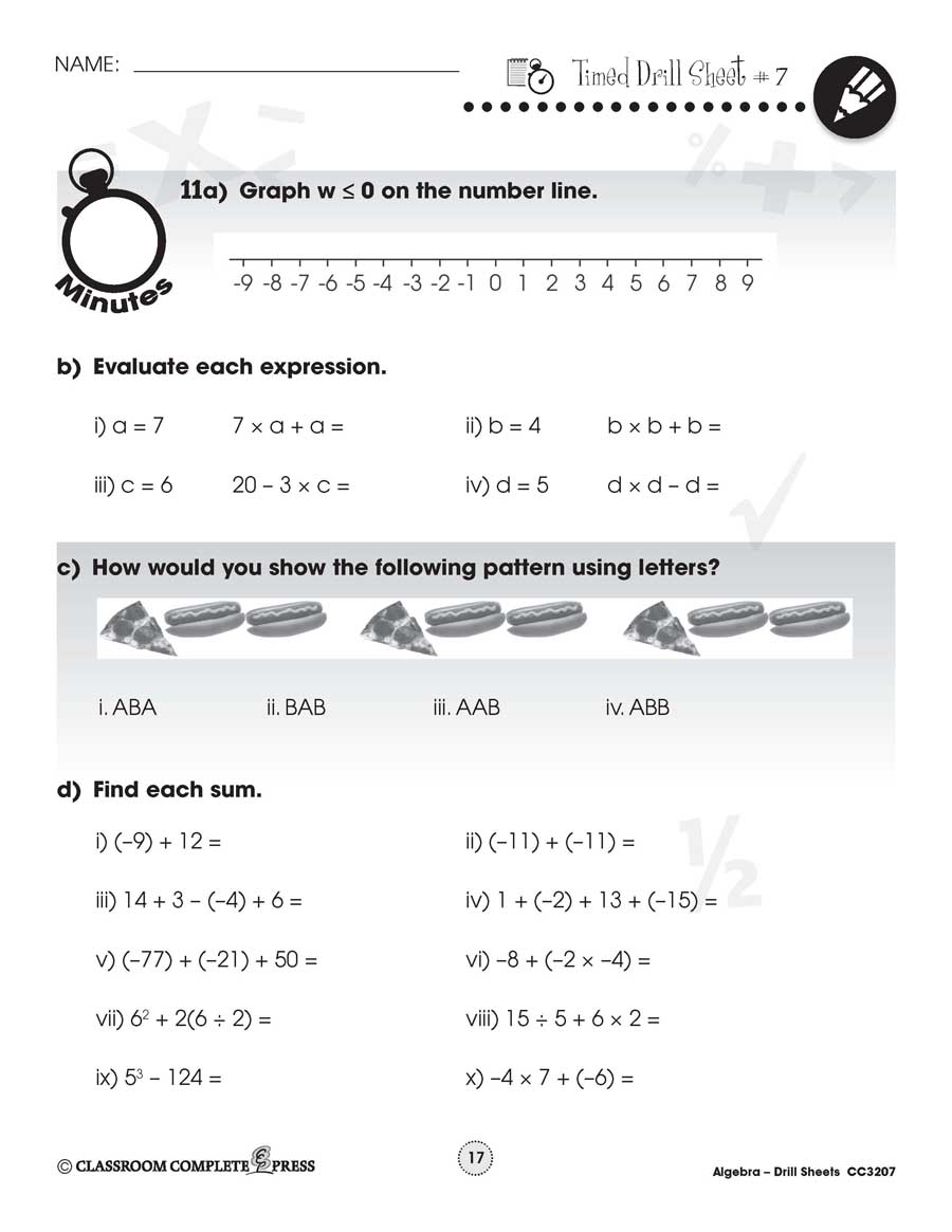 Algebra: Drill Sheet Sample Gr. 3-5 - WORKSHEET - eBook