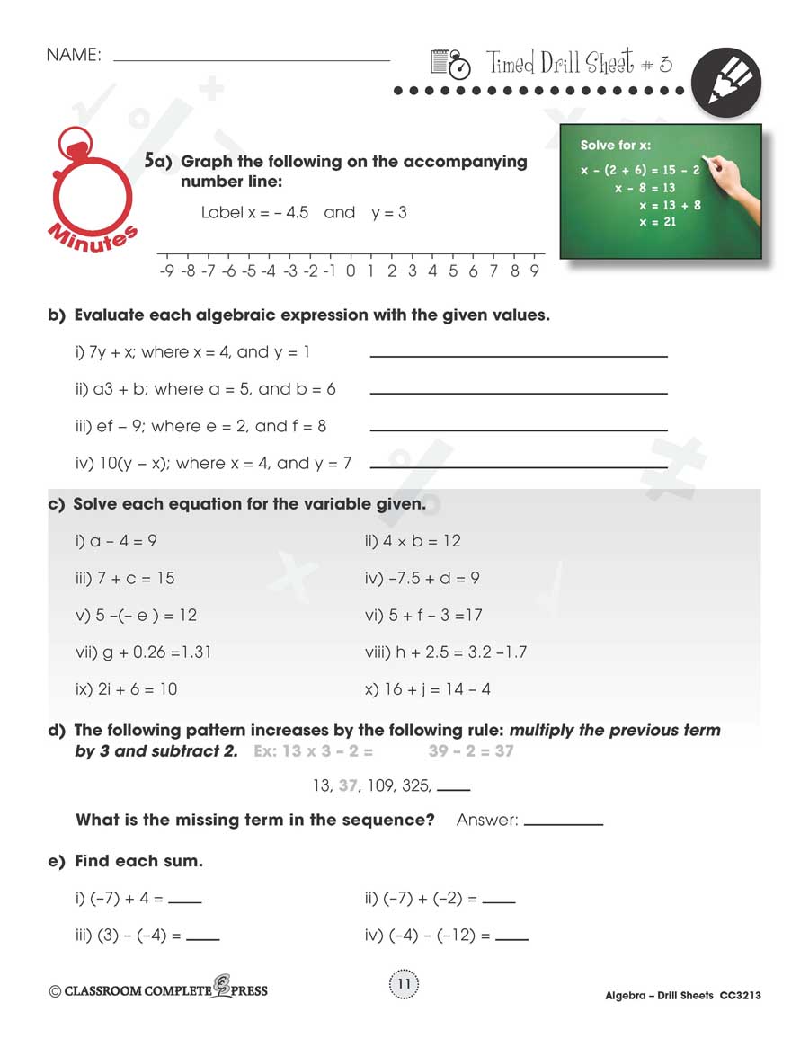 Algebra: Drill Sheet Sample Gr. 6-8 - WORKSHEET - eBook